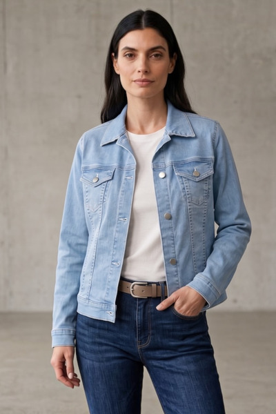 FOLEVE Kadın Açık Mavi Kot Ceket Cepli Düğmeli Denim Jean Ceket