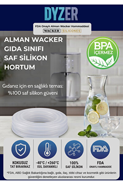 DYZER Alman Wacker Gıda Sınıfı Şeffaf Silikon Hortum 8X10 (1 metre) (İç Çap: ...