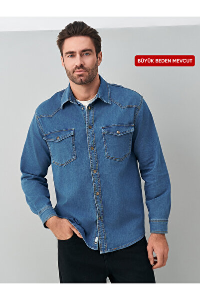 muzzo jeans Mavi Pamuklu Likralı Kot Gömlek