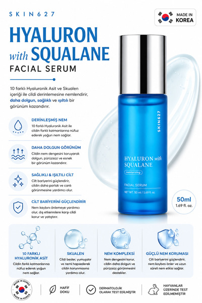 SKIN627 Hyaluron with Squalane–Yoğun Nemlendirici ve Dolgunlaştırıcı Yüz Seru...
