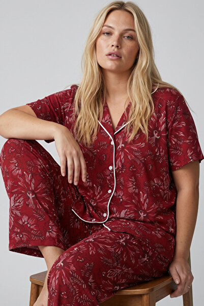 Siyah İnci Costum de pijama tricotat din viscoză, cu nasturi, cu imprimeu flo...