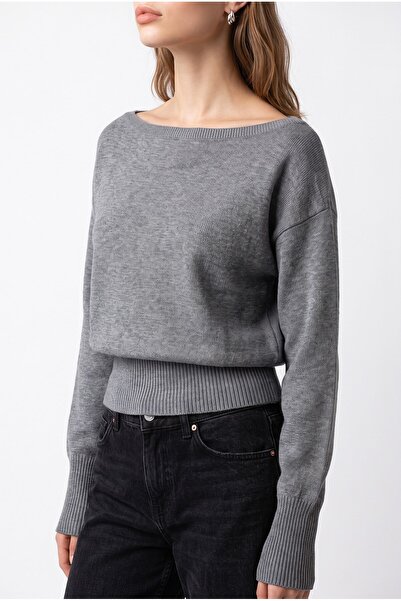 Mixray 6988 Women's Asymmetrical Rib Cut Boat Neck Knitwear Sweater Anthracite