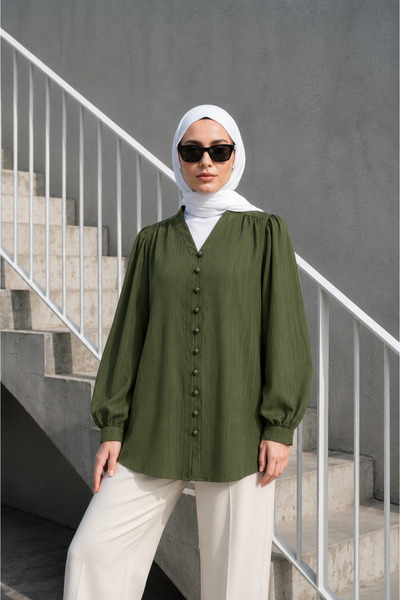 bellura Top Düğmeli V Yaka Krinkıl Tunik