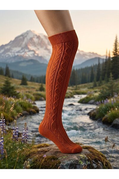 Fonem Women's Over-The-Knee Wool Socks Fo 8015 Orange 58% Wool Blend, Woven F...