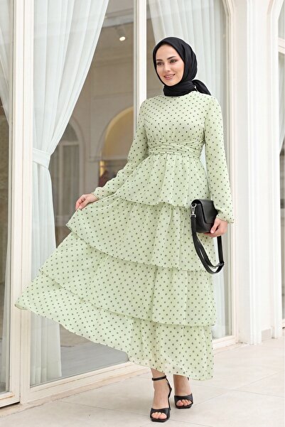 Modamorfo Cross-Tied Layered Skirt Polka Dot Chiffon Dress - Water Green