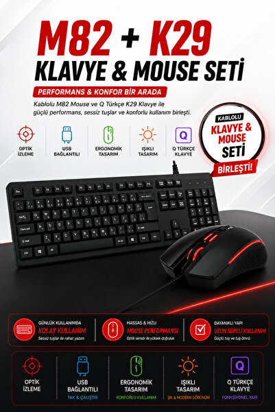 SepetteX M82 Kablolu Gaming Mouse + K29 Q Türkçe Klavye Seti USB Oyuncu Klavy...