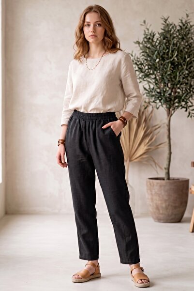 hadiora Sofia Black Linen Look Trousers with Elastic Waist