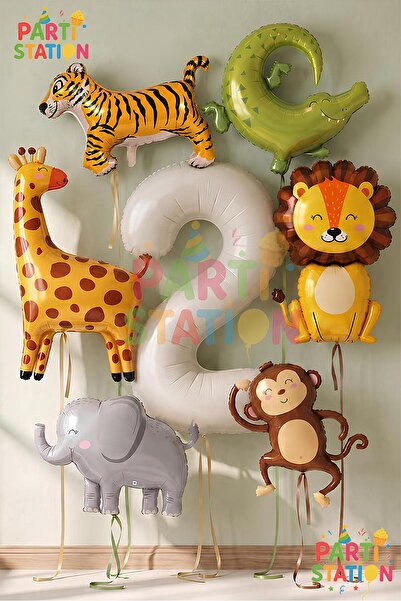 Parti Station Safari Konsept Doğum Günü Süsleme Seti 2 Yaş Rakam Balon 7 Parç...