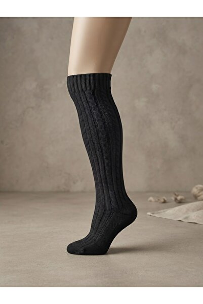 Fonem Women's Over-The-Knee Wool Socks Fo 8015 Black, 58% Wool Blend, Woven F...
