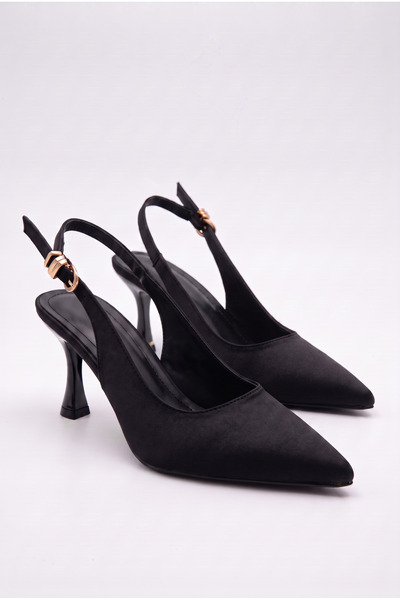Shoesers Pantofi de damă cu toc subțire, negri, din satin, cu bandă elastică ...