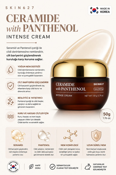 SKIN627 Ceramide & Panthenol Bariyer Onarıcı Yoğun Nemlendirici Krem 50gr (Ko...