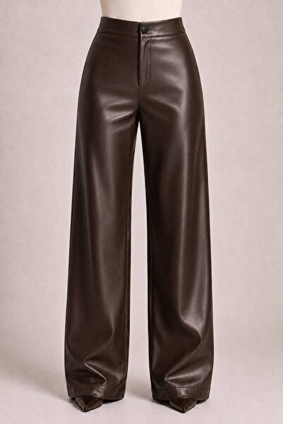 Grenj Fashion Pantaloni maro din imitație de piele cu picior larg