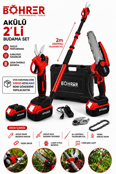 BÖHRER BA011371 2 AKÜLÜ 30MM DAL BUDAMA MAKASI VE 15CM TESTERE + TELESKOPİK U...
