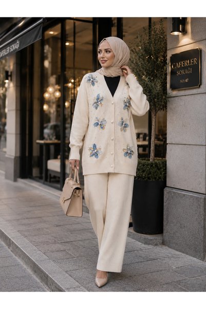 moda periy Semela Women's Floral Cardigan and Pants Two-Piece Modest Knitwear Set (BEIGE CREAM COLOR)