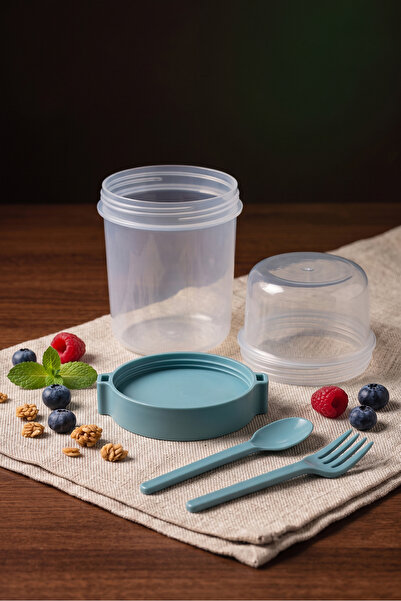 KaktüsKedi 4 'lü Set Çatallı Kaşıklı Atıştırmalık Yemek Yoğurt Müsli Granola Diyet Kabı - Yemek Saklama Kabı 650 ML