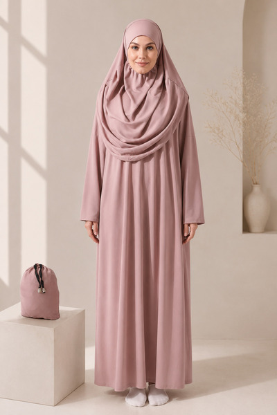 İhvan Practical One-Piece Prayer Dress with Women's Bag - Pink