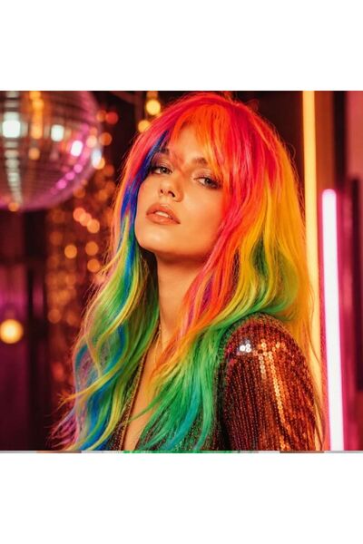 partidolu Rainbow Gökkuşağı Renk Retro 80 li Yıllar Disko Parti Peruğu 55 Cm