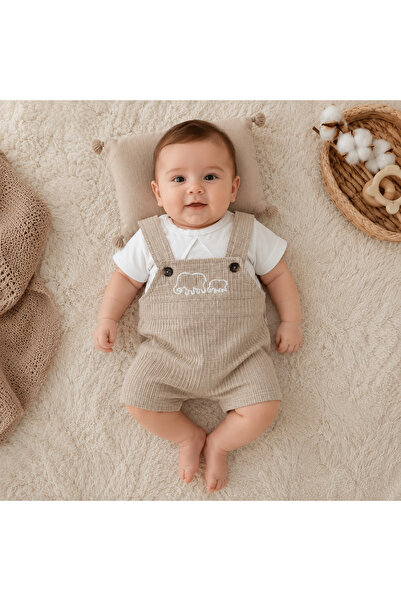 minilkabebe Fil Nakışlı Alttan Çıtçıtlı Salopet &Yakalı Arkası Çıtçıtlı Tişör...