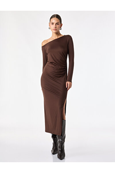 Koton Slit Detailed Gathered Slim Fit Long Sleeve Asymmetrical Boat Neck Midi...