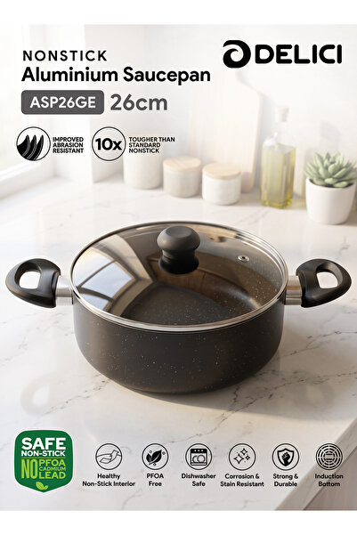DELICI ASP26GE 26 CM Granite Nonstick Sauce Pan Glass Lid PFOA-Free Dishwashe...