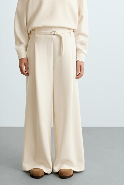 Oysho Pamuklu piqué çizgili wide leg pantolon