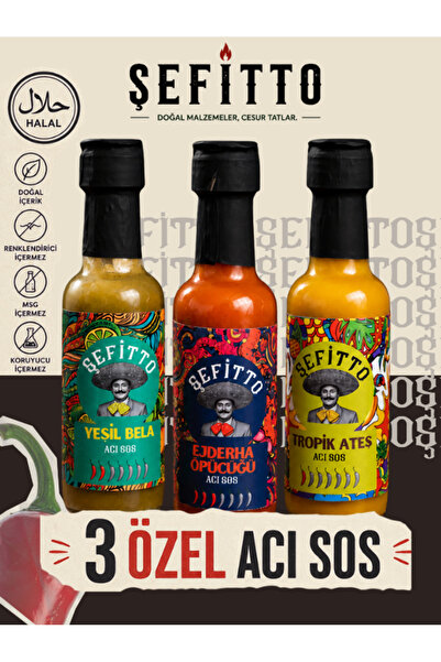 Şefitto 3'lü Gurme Acı Sos Hediye Seti (3 x 100 ml) – Tropik Ateş, Yeşil Bela...