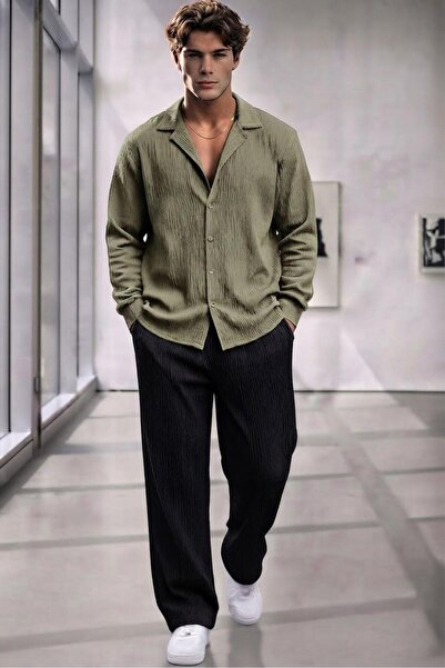 NO 601 Men's Green Wrinkled Shirt Black Trousers Set