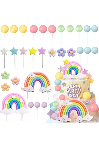 Choice 38pcs Rainbow Cake Topper Rainbow Theme Party Supplies Pastel Balls Ca...