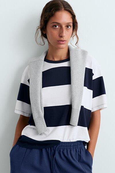 Oysho Maxi çizgili boxy pamuklu karışımlı t-shirt