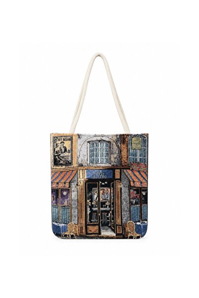 Köşedeki Dükkan Women's Landscape Patterned Woven Shoulder Bag Daily Tote Bag...