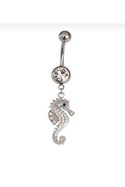 Siya Silver Zirkon Taşlı Çelik Sallantılı Deniz Atı Göbek Piercingi - 5 cm