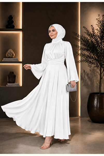 STYLE NİŞANTAŞI White Hijab Satin Evening Dress with Belt Long