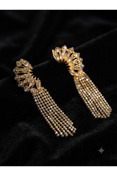 BİJUTERRİ Kadın Gold Taşlı Sallantılı Kalp Küpe Abiye Küpe Özel Günler Tasarı...