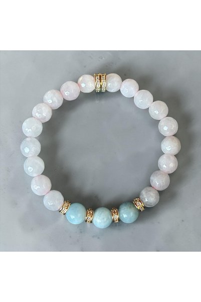 DIVA STONES Pembe Kuvars - Akuamarin Doğal Taş Küre Kesim Bileklik