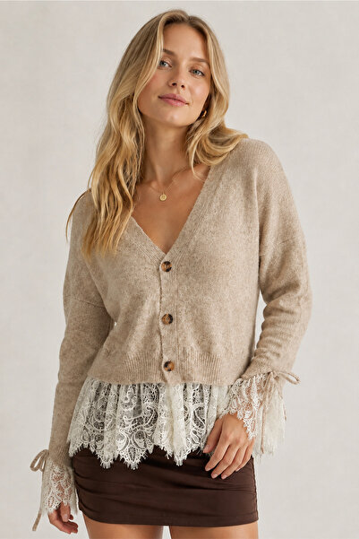 Lusin Women's Stone Stylish Lace and Ruffle Detailed Soft Knitwear Cardigan