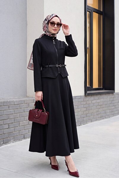 Modamorfo Diagonal Suit with Front Zipper Pocket Detail and Belted Skirt - Black