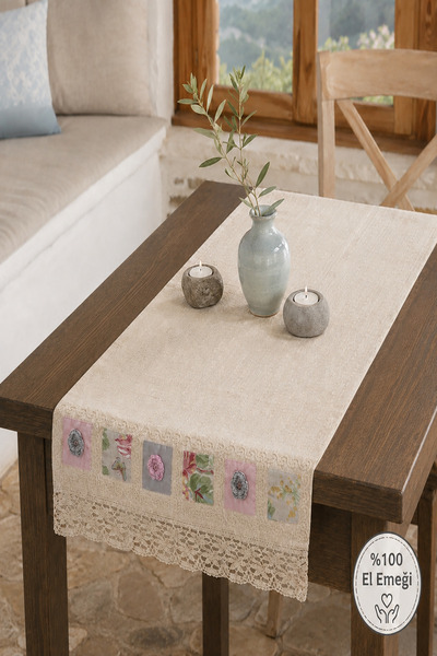 ÖDEL BULDAN Naturel Yamalı Danteli Iplik Işlemeli 50x130 Cm Runner
