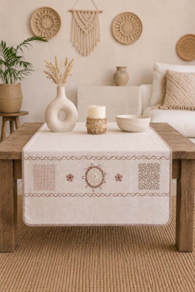 ÖDEL BULDAN Naturel Biyeli Motifli İşlemeli 50x130 Cm Runner