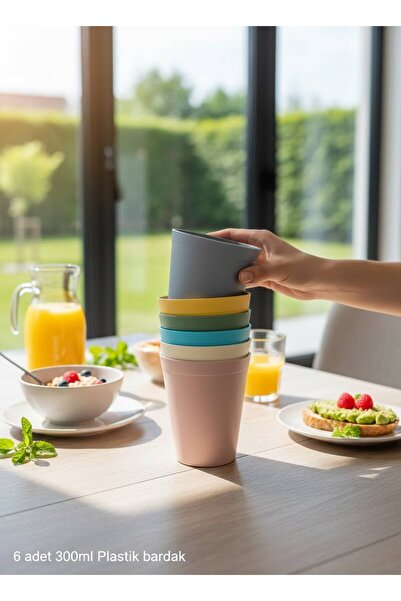 HOLLYHOME 6 Adet Plastik Bardak Renkli Plastik Su, Meşrubat Bardağı 300ml 10(h)x8cm