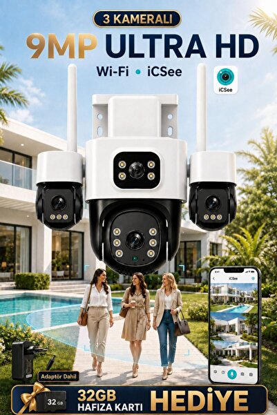 Ventus iCSee 9001 9MP 3 Lens WiFi Güvenlik Kamerası, Motorlu Gece Görüşlü Dış...