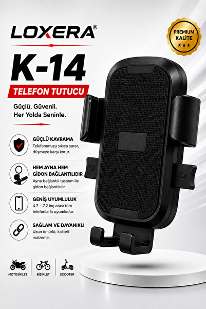 Loxera K-14 Motosiklet Telefon Tutucu – Ayna ve Gidon Bağlantılı, Güçlü Kavramalı, Dayanıklı Tasarım