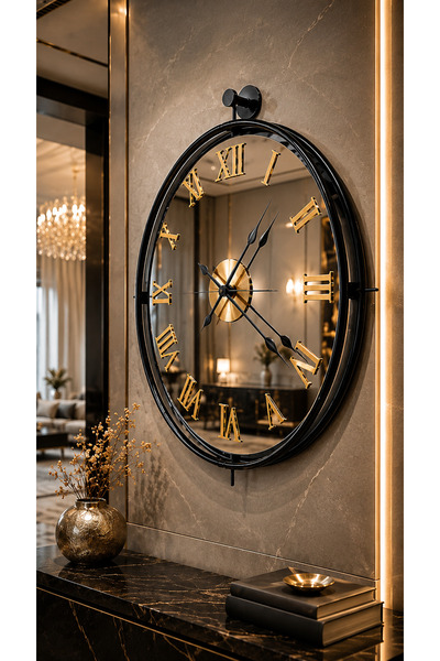 Mgs DUVAR SAATİ - TİNATTİ BLACK ROMA GOLD RAKAM BRONZ AYNALI DUVAR SAATİ