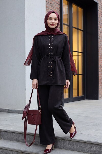 Modamorfo Double Snap Detailed Round Neck Modal Suit with Wide Leg Pants - Black
