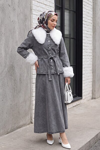 Modamorfo Baby Collar Jeans Set with Fur Collar and Sleeves and Belt at the W...