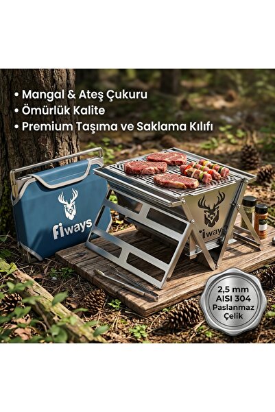 FİWAYS ATLAS 304 Paslanmaz Çelik 2.5 mm Katlanır Kamp Mangalı Ve Ateş Çukuru ...