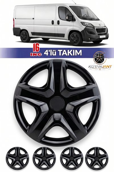 Kotanjant PEUGEOT BOXER 16 İnç Jant Kapağı 4'lü Set Piano Black+ 4 Amblem + 8 Cırt Kelepçe