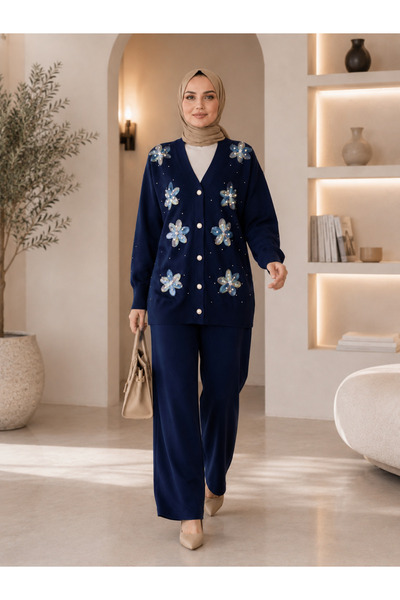 moda periy Semela Women's Floral Cardigan Trousers Double Hijab Knitwear Set ...