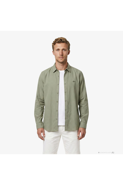 Lacoste Erkek Regular Fit Düğmeli Yaka Çizgili Haki Gömlek