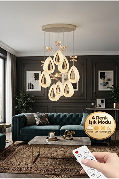 Lüxev Lighting Yağmur Model 8'li Gold 3 Renk Modu Kristal Taşlı Modern Salon ...