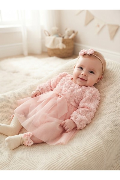 KIZ BEBEK PEMBE FİYONKLU ELBİSE SETİ ÖZEL GÜN MEVLİD TAKIMI